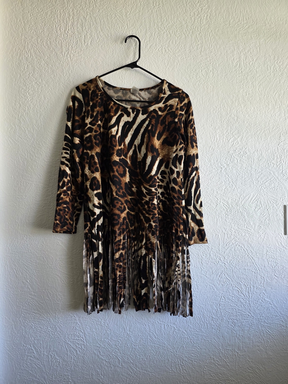 Animal Print Fringe Tunic Top - Brown